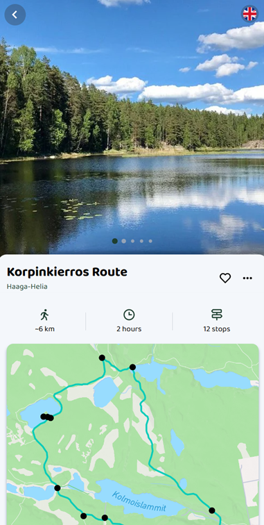 Kuvakaappaus Korpinkierroksen maisemakuvasta ja reitistä kartalla.